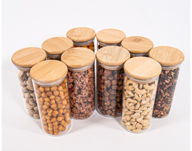 Narrow storage jars 14 cm high with bamboo lids, set of 10