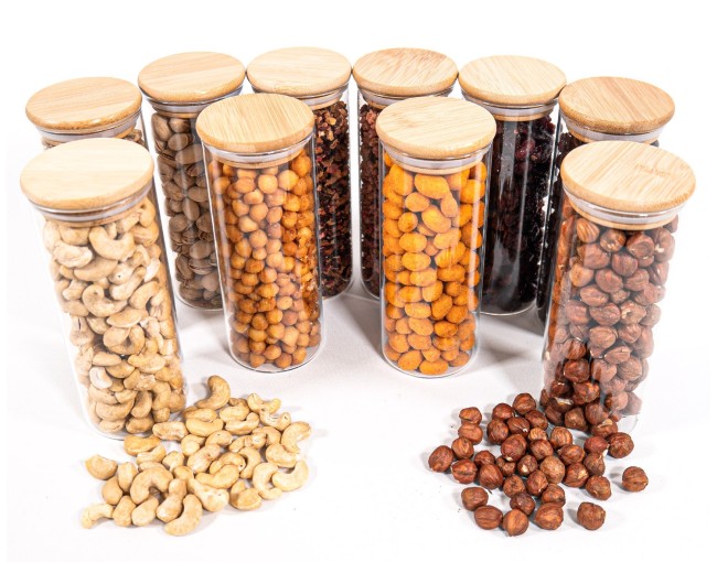 Narrow storage jars 16 cm high with bamboo lids, set of 10
