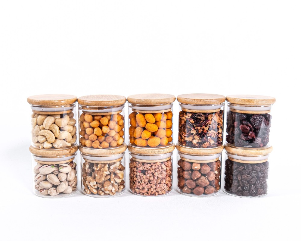 Narrow storage jars 6 cm high with bamboo lids, set of 10
