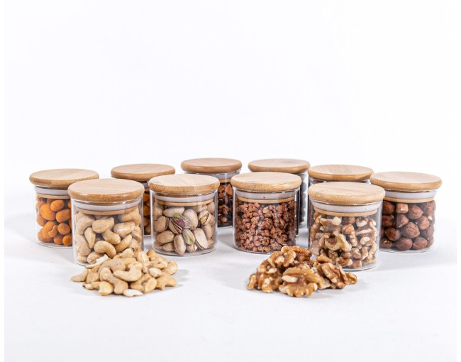 Narrow storage jars 6 cm high with bamboo lids, set of 10