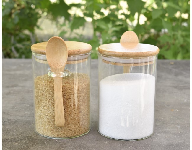 Storage jars with bamboo lid and spoon, set of 2