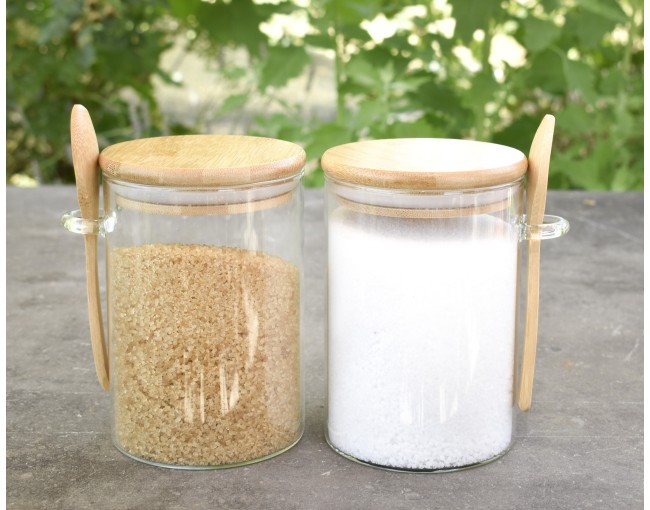 Storage jars with bamboo lid and spoon, set of 2