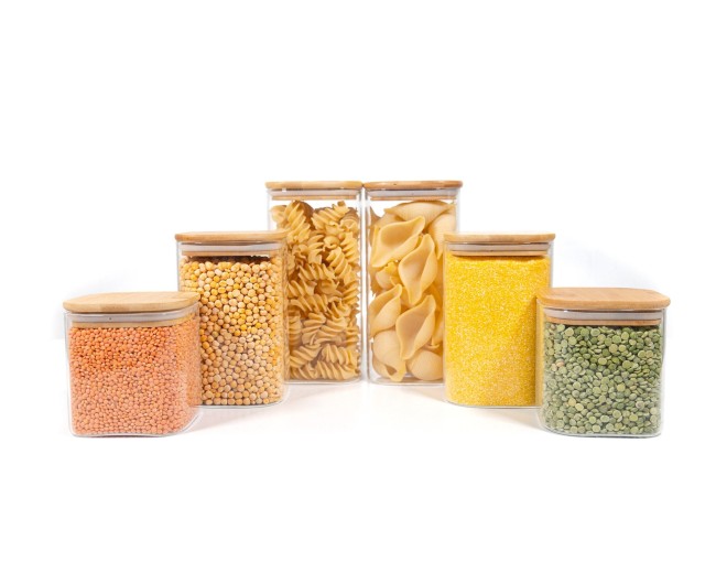 Square storage jars with bamboo lids, set of 6