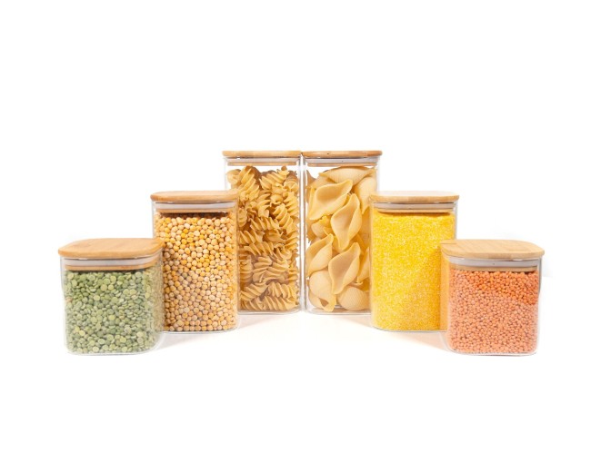 Square storage jars with bamboo lids, set of 6