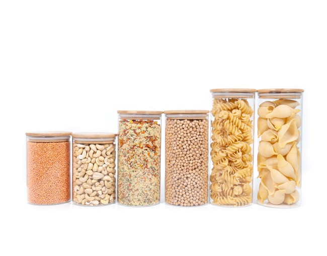 Round storage jars with bamboo lids, set of 6