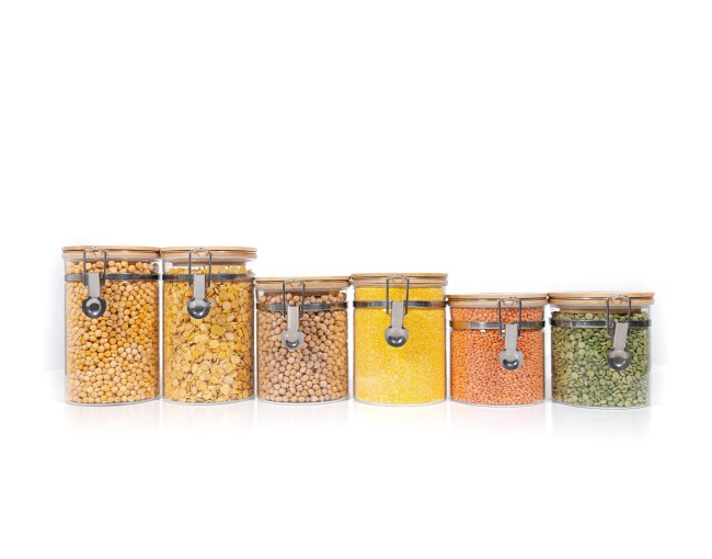Clip-on storage jars with bamboo lids, set of 6