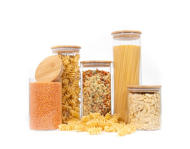 Round storage jars with bamboo lids, set of 5