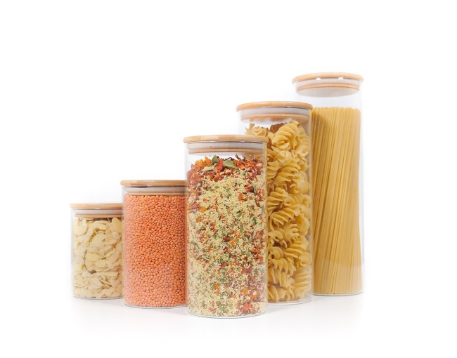 Round storage jars with bamboo lids, set of 5