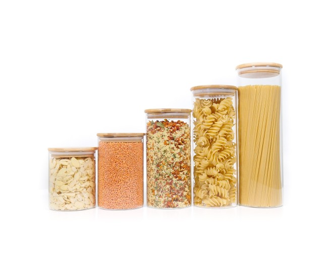 Round storage jars with bamboo lids, set of 5