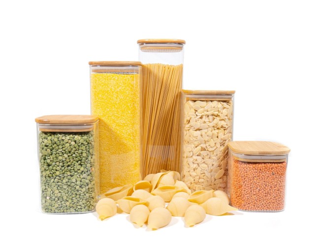 Barattoli quadrati con coperchio in bambù, set da 5