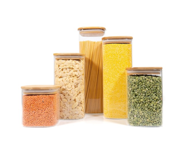 Barattoli quadrati con coperchio in bambù, set da 5