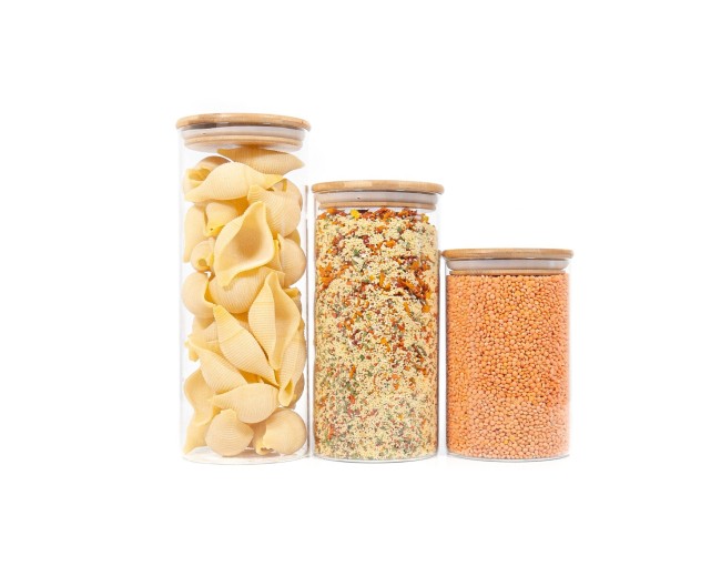 Round storage jars with bamboo lids, set of 3