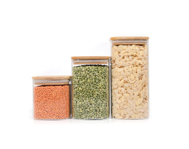 Square storage jars with bamboo lids, set of 3