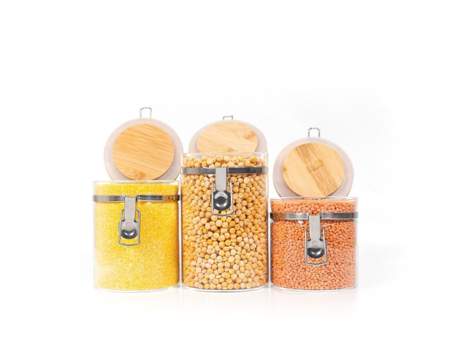 Clip-on storage jars with bamboo lids, set of 3