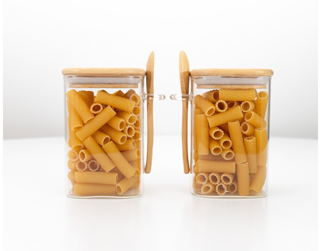 Storage jars with bamboo lid and spoon, set of 2, square