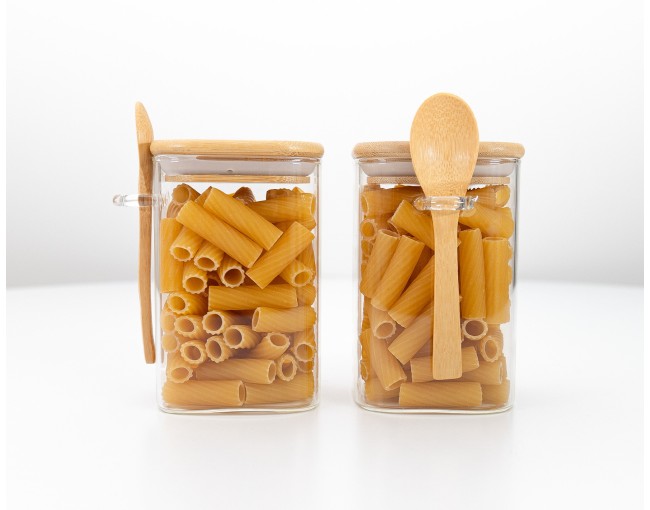 Storage jars with bamboo lid and spoon, set of 2, square